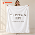 Woman holding a white smovov flannel blanket with Your Design Here personalization text.