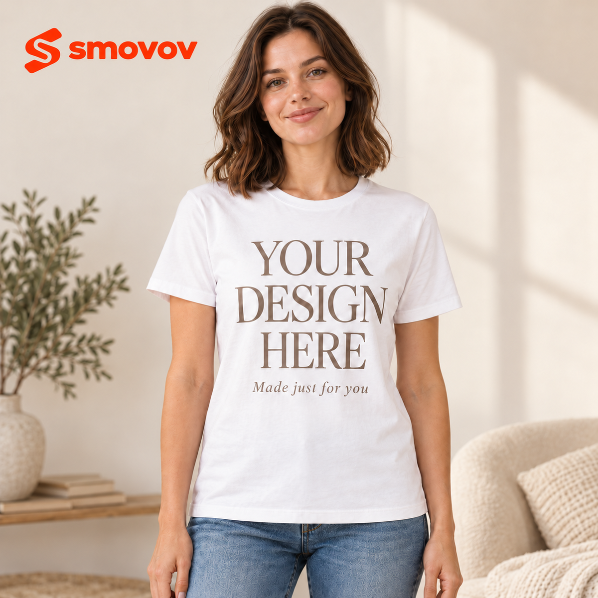 Woman wearing a white custom T-shirt with Your Design Here text and the smovov logo in the top left.
