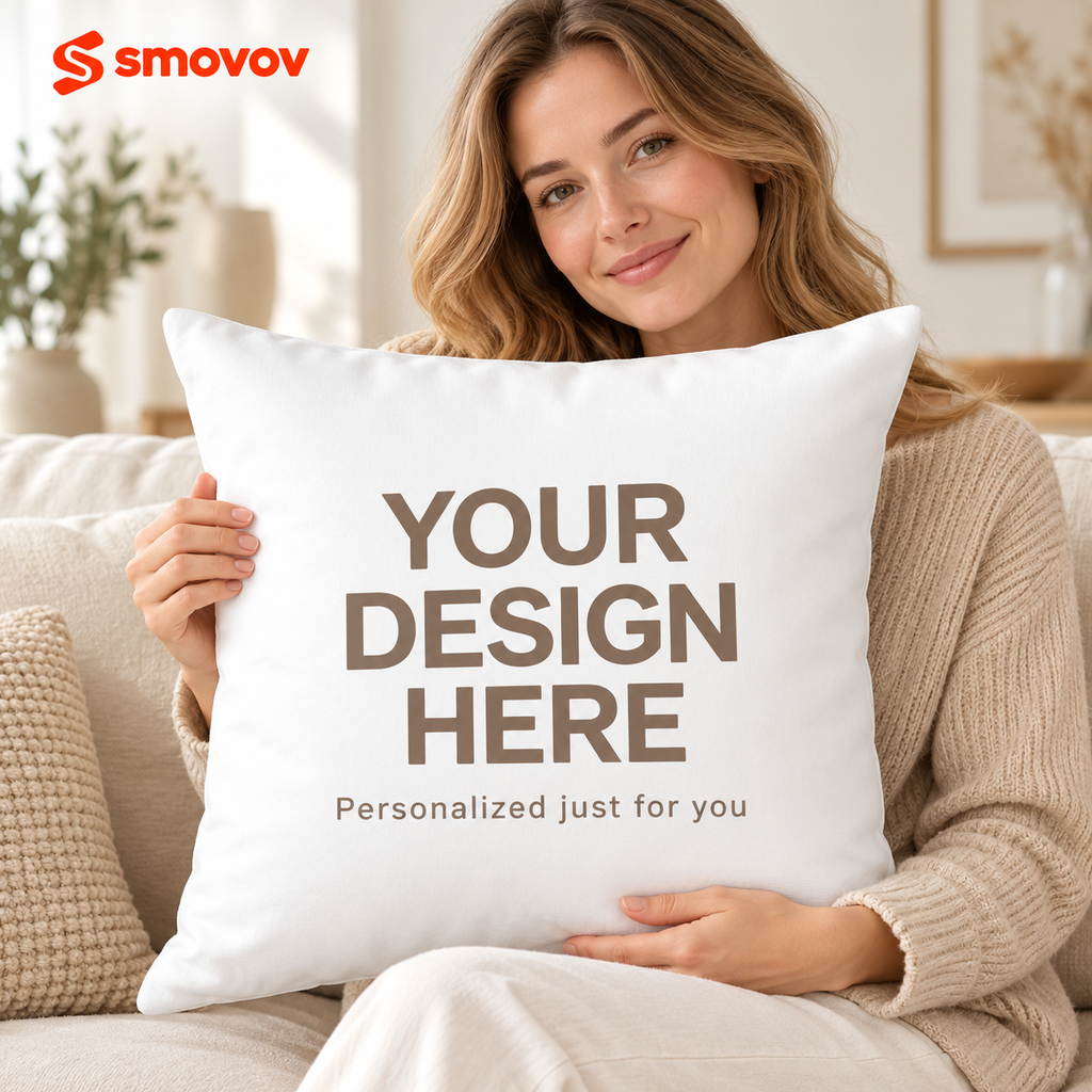 Woman holding a white personalized pillow cover with Your Design Here text.
