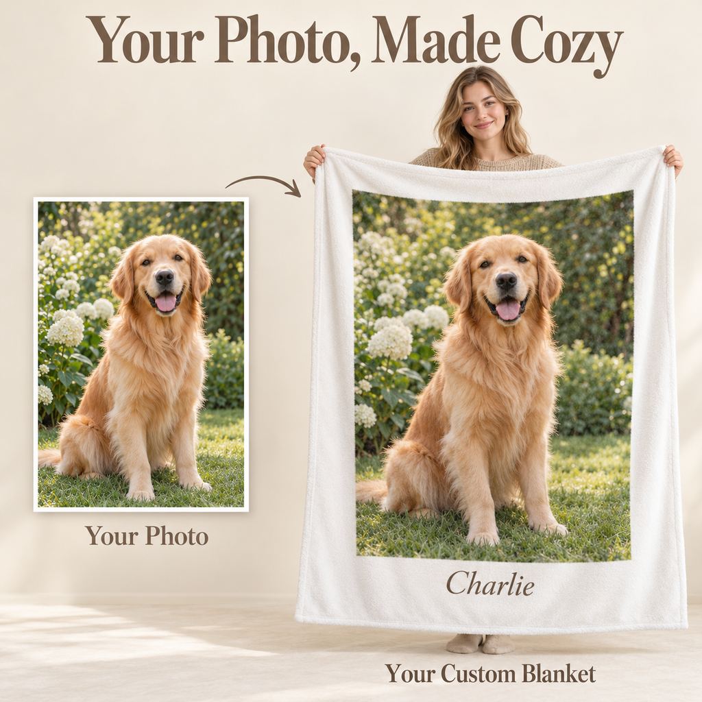 Golden retriever photo beside a personalized white blanket printed with the same portrait and the name Charlie.
