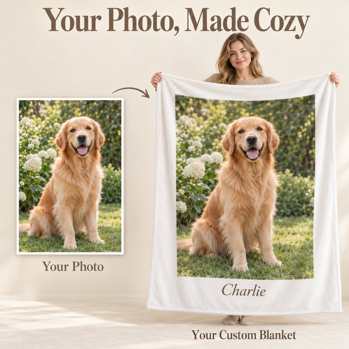 Golden retriever photo beside a personalized white blanket printed with the same portrait and the name Charlie.
