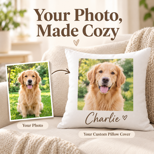 Golden retriever photo beside a custom pillow cover featuring a dog portrait and the name Charlie.