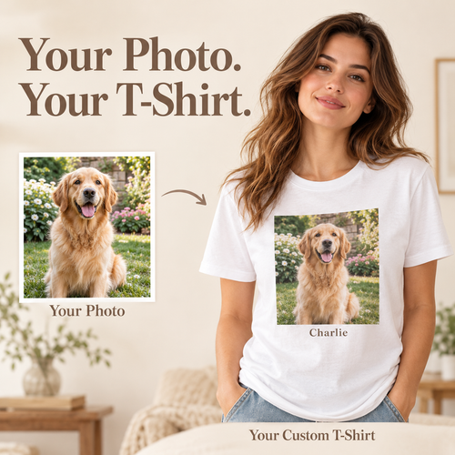 Golden retriever photo beside a woman wearing a white T-shirt printed with the photo and the name Charlie.