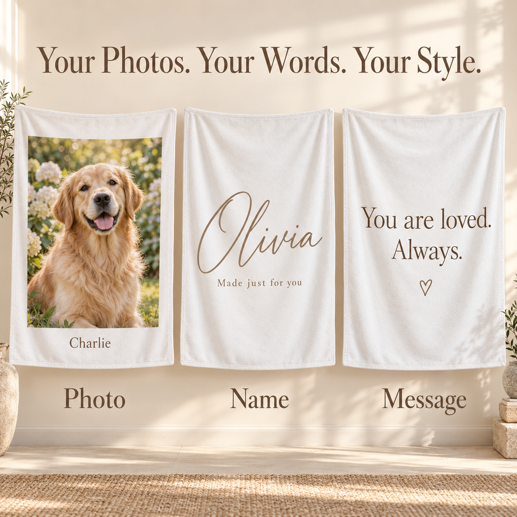 Three white personalized blankets showing photo, name, and custom message designs.