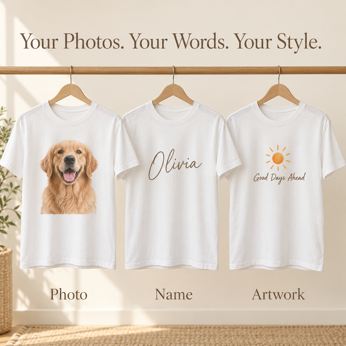 Three white T-shirts featuring a dog portrait, the name Olivia, and a sun design with Good Days Ahead text.