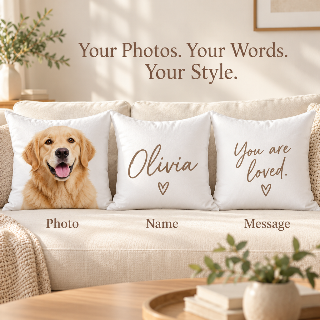Three personalized pillow covers showing a dog photo, the name Olivia, and a custom message.
