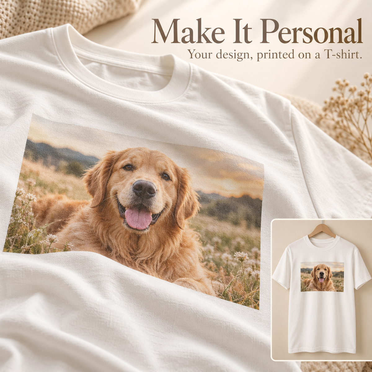 Close-up of a golden retriever photo printed on a white T-shirt, with an inset showing the complete shirt.