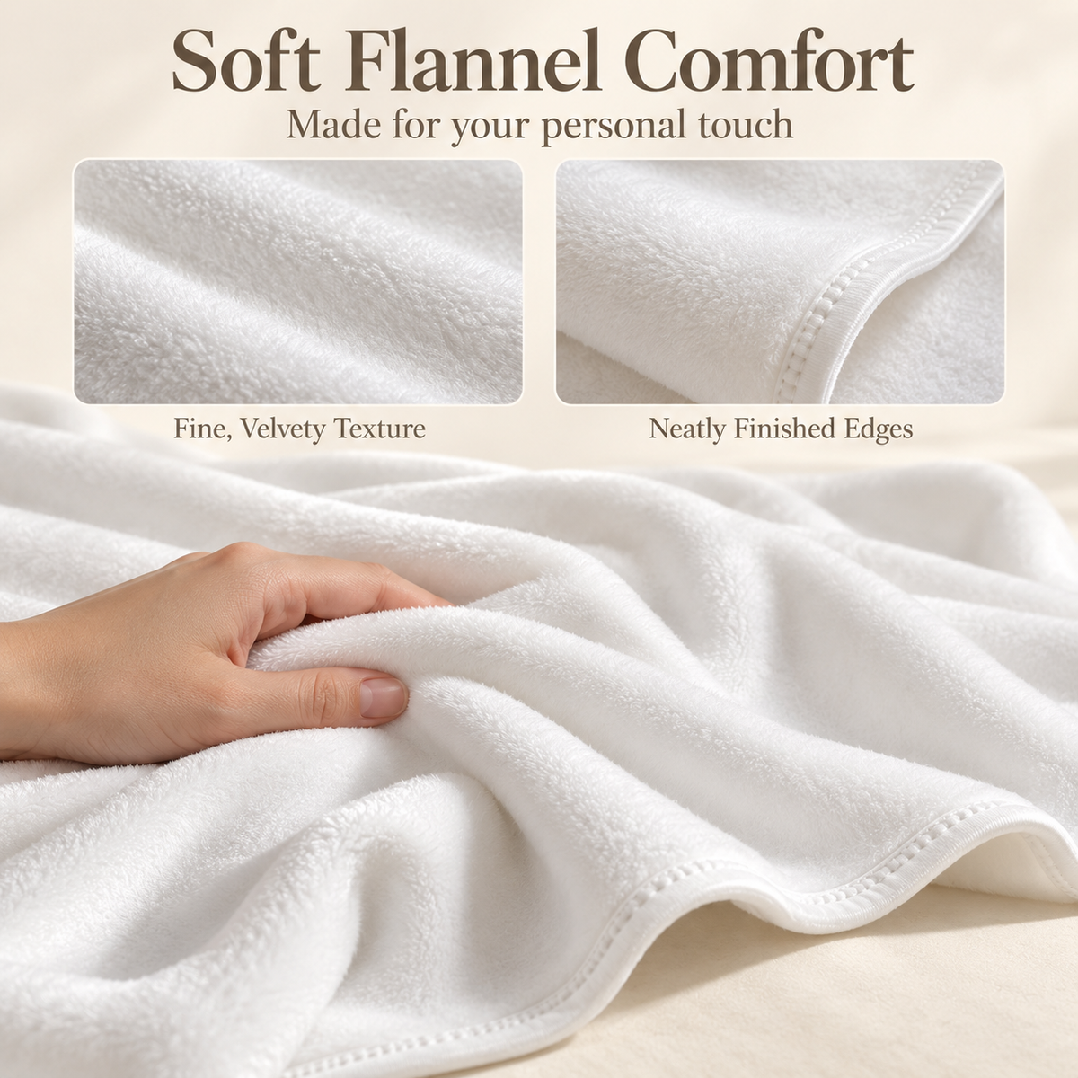 Close-up of white flannel blanket fabric showing its fine pile, stitched edge, and soft folds.