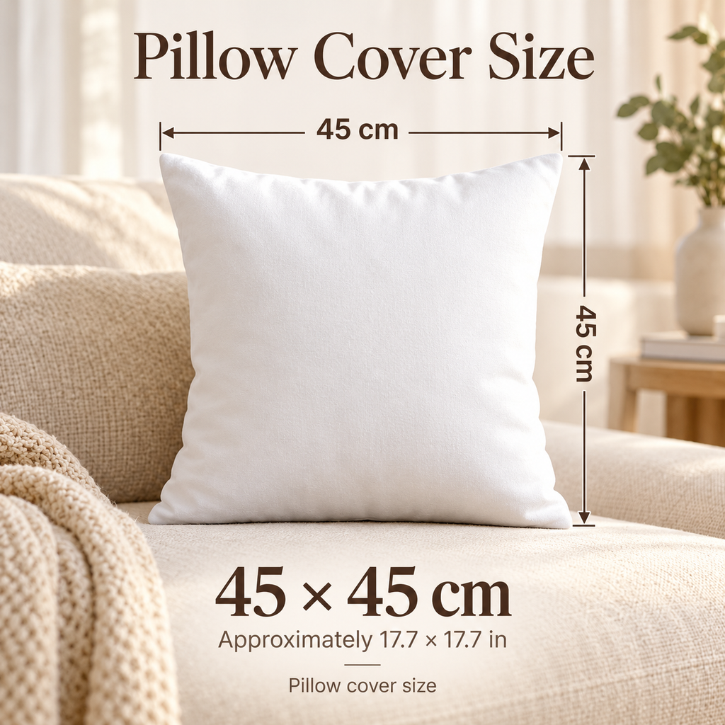 Pillow cover size guide showing 45 by 45 centimeters, approximately 17.7 by 17.7 inches.