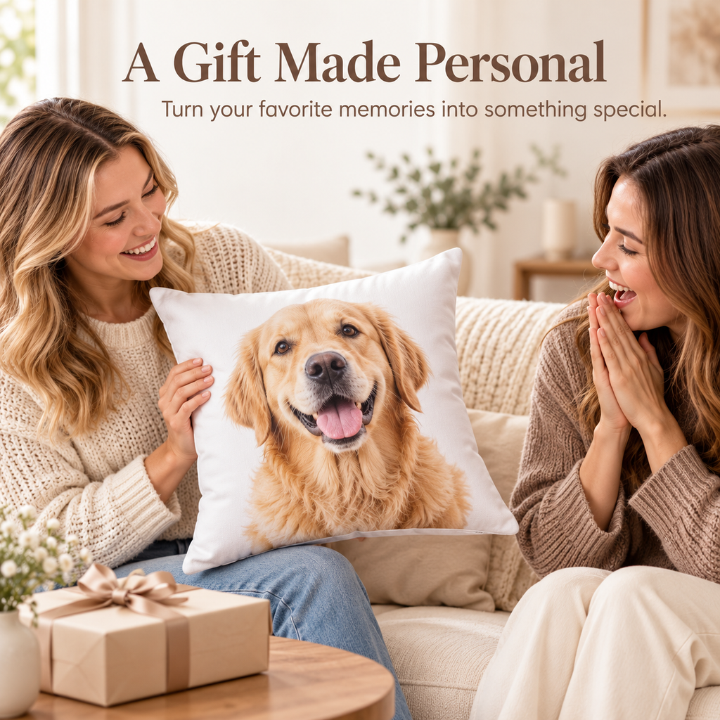 Two women looking at a personalized pillow cover printed with a golden retriever portrait.