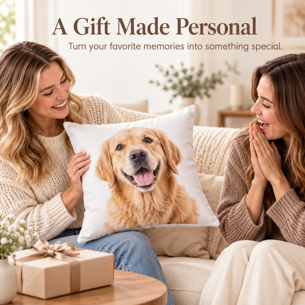 Two women looking at a personalized pillow cover printed with a golden retriever portrait.