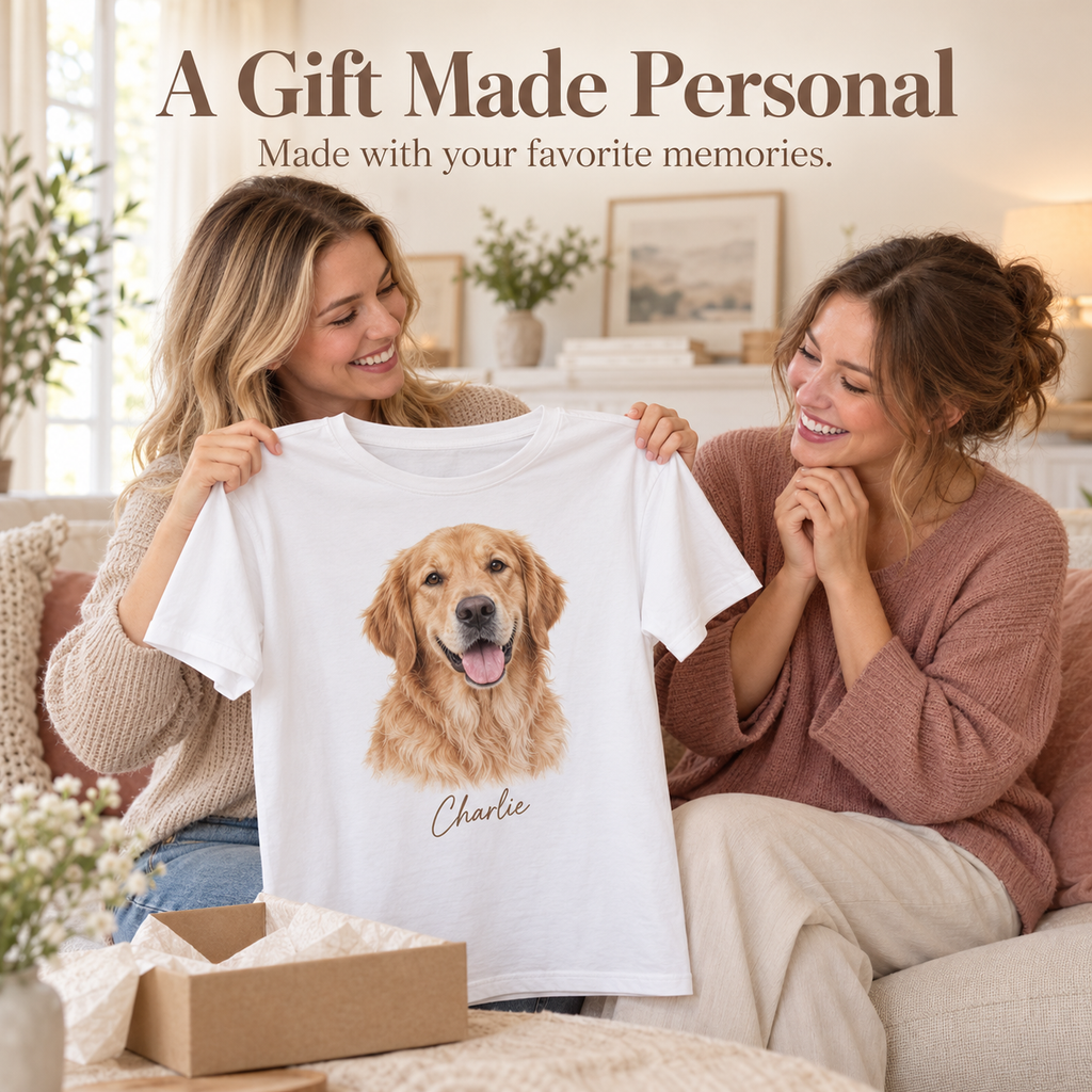 Two women admiring a white personalized T-shirt printed with a golden retriever portrait and the name Charlie.