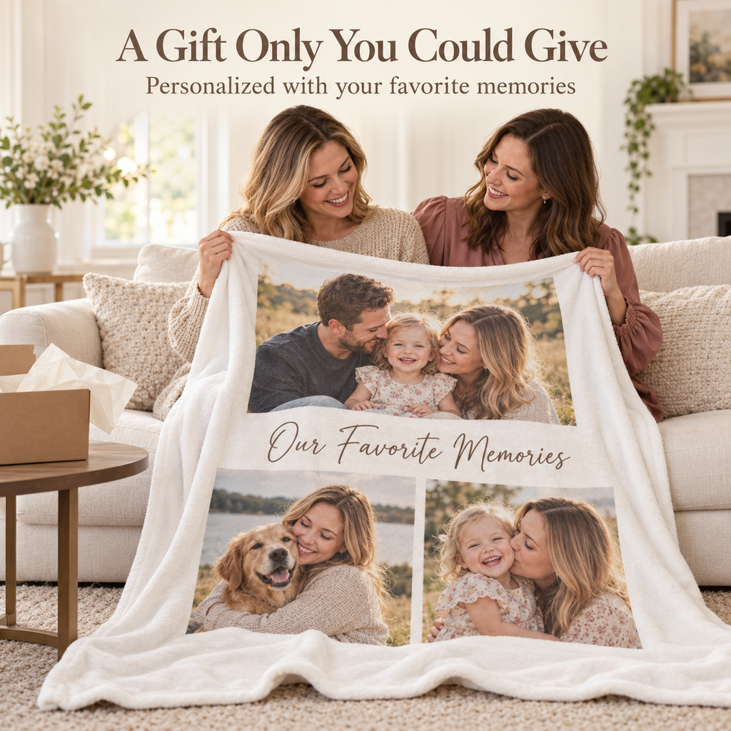 Two women admiring a personalized family photo blanket in a bright living room.
